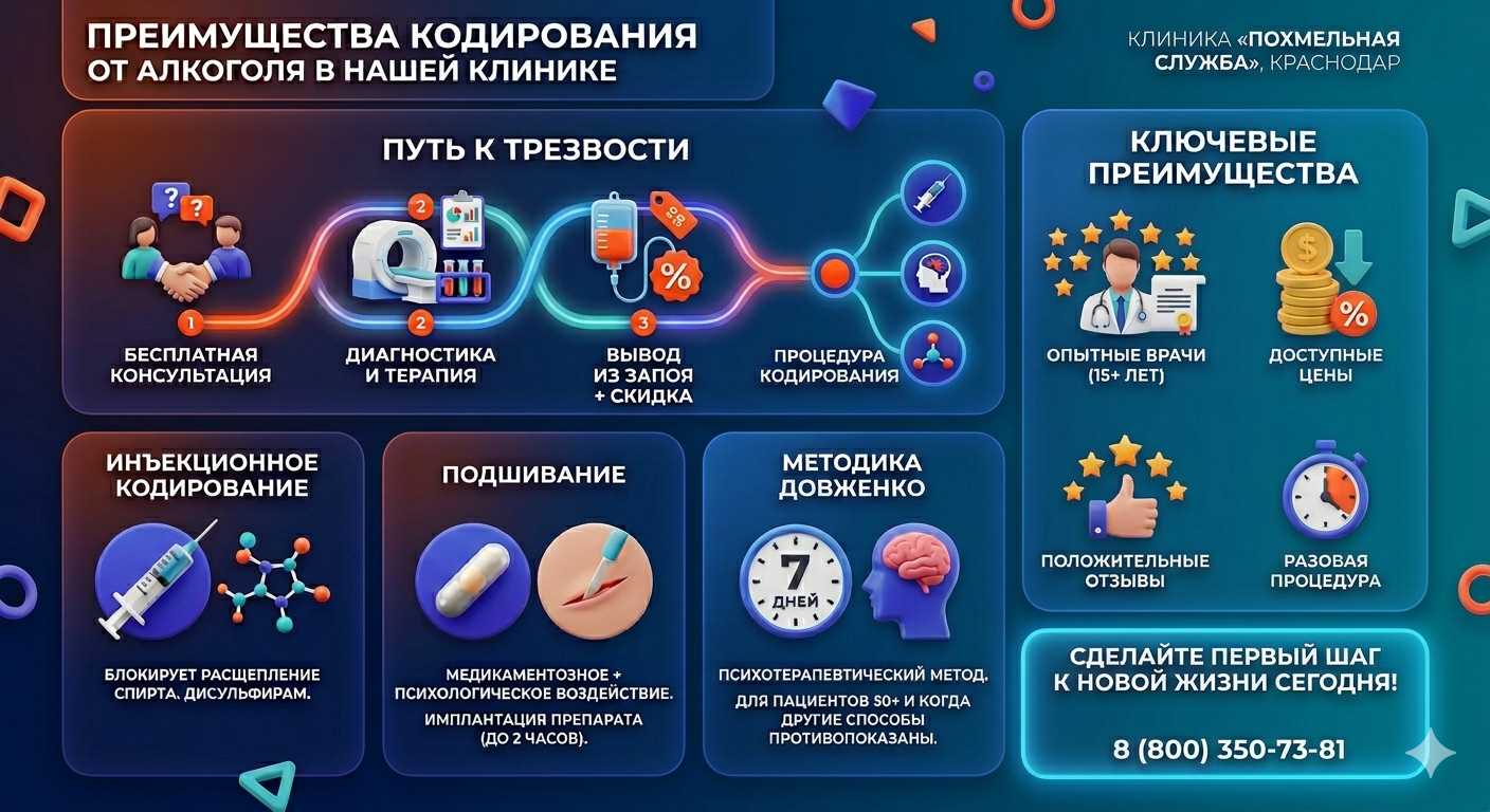 Инфографика о методах кодирования от алкоголя в Когалыме: инъекции, подшивание, метод Довженко. Преимущества клиники и этапы лечения.