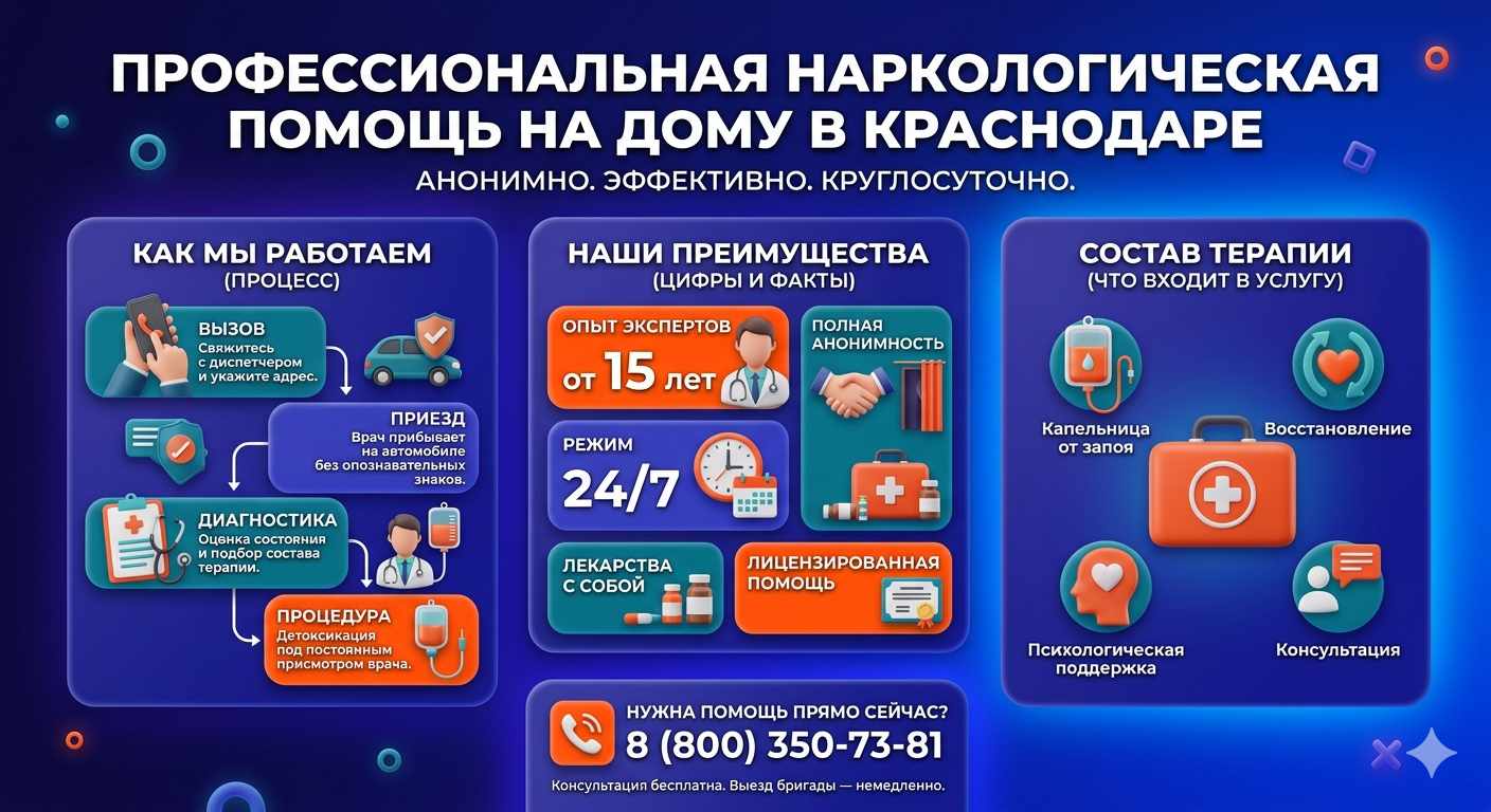 Инфографика о принципах лечения алкоголизма на дому в Когалыме: этапы вызова нарколога, преимущества анонимной детоксикации и состав медицинской помощи.